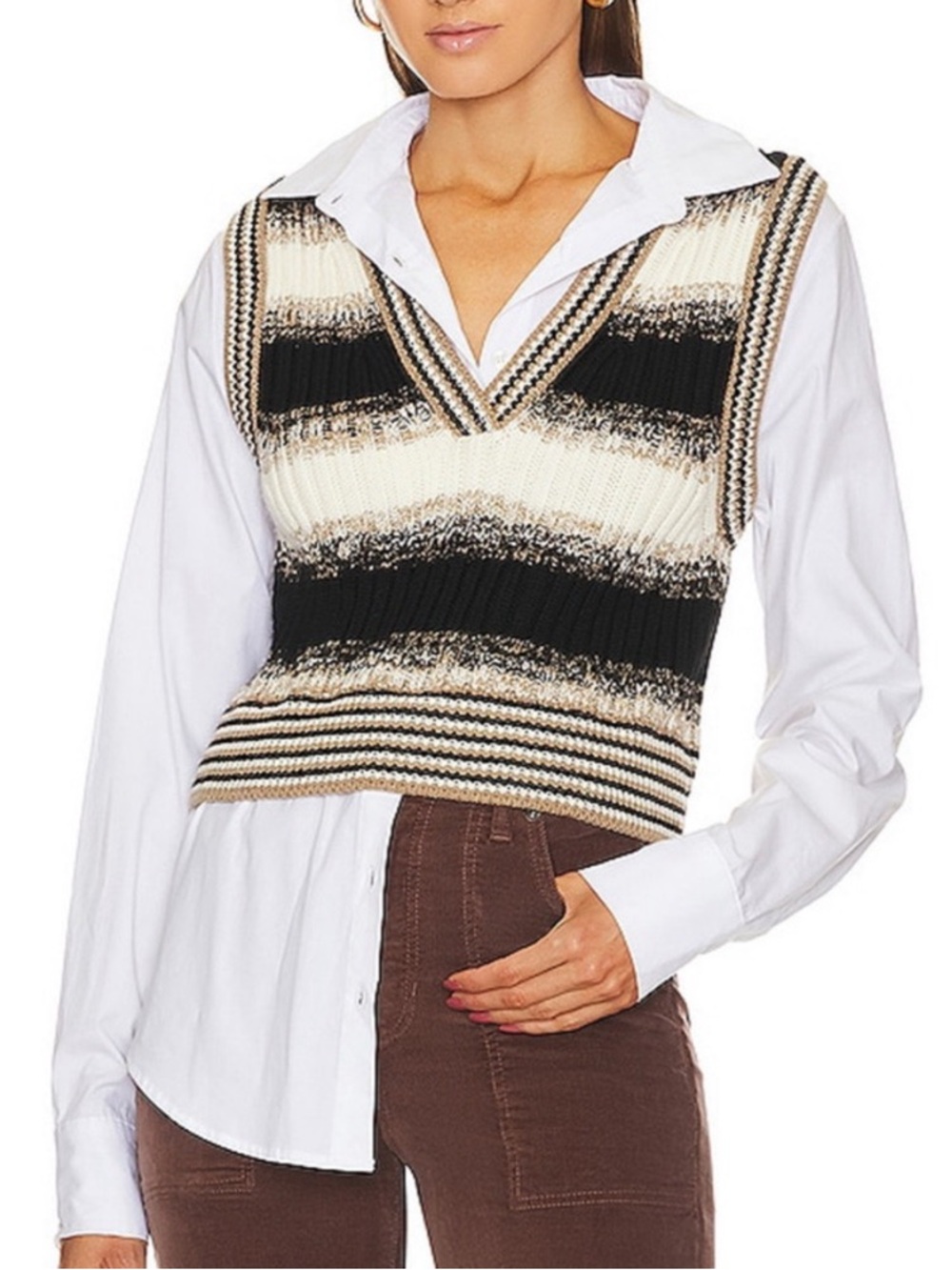 VERONICA BEARD Spear Mixed-media Button-front Vest Top In Black Multi